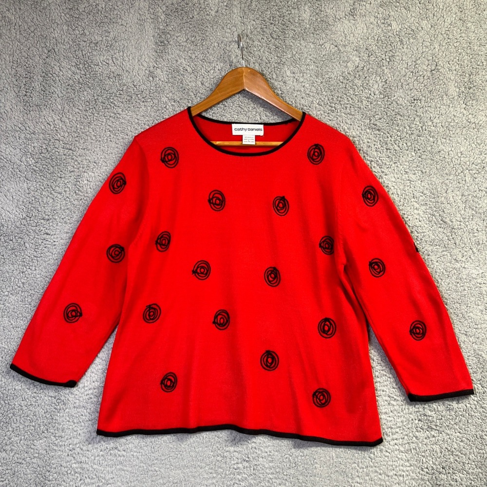 Cathy Daniels Sweater Women L Red Black Rose Swirl Embroidered Knit 3/4 Sleeve